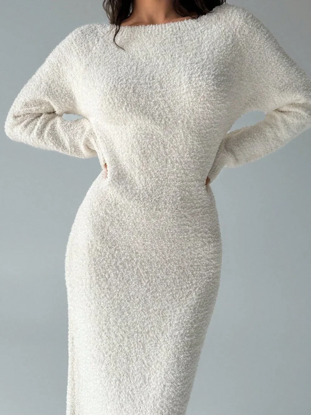 Off-White Casual Women's Plush Knitted Sweater Dress